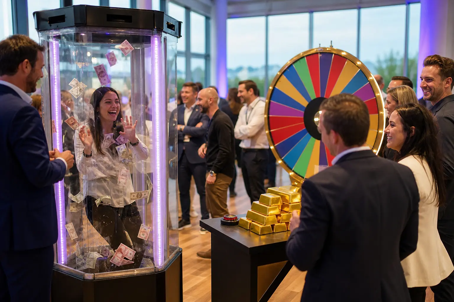 Cabine à billets lors d’une soirée d’entreprise, avec collègues autour d’une roue de jeu et des lots en or faux
