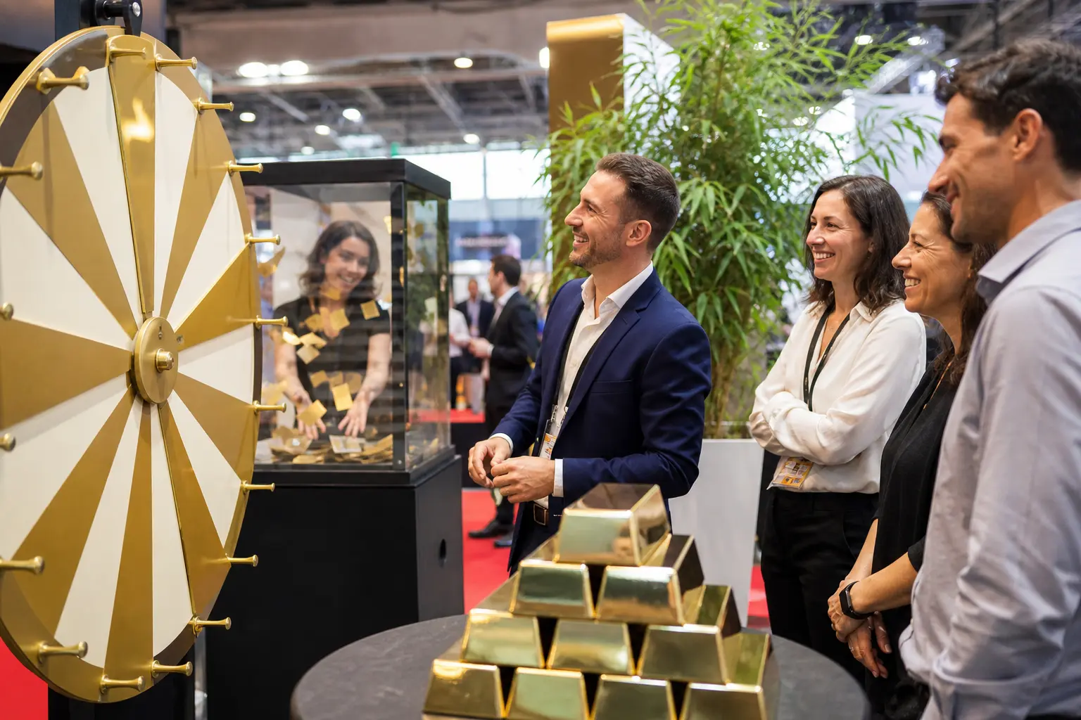Visiteurs souriants devant une roue de la fortune sur un stand professionnel en salon, avec animation et lots à gagner