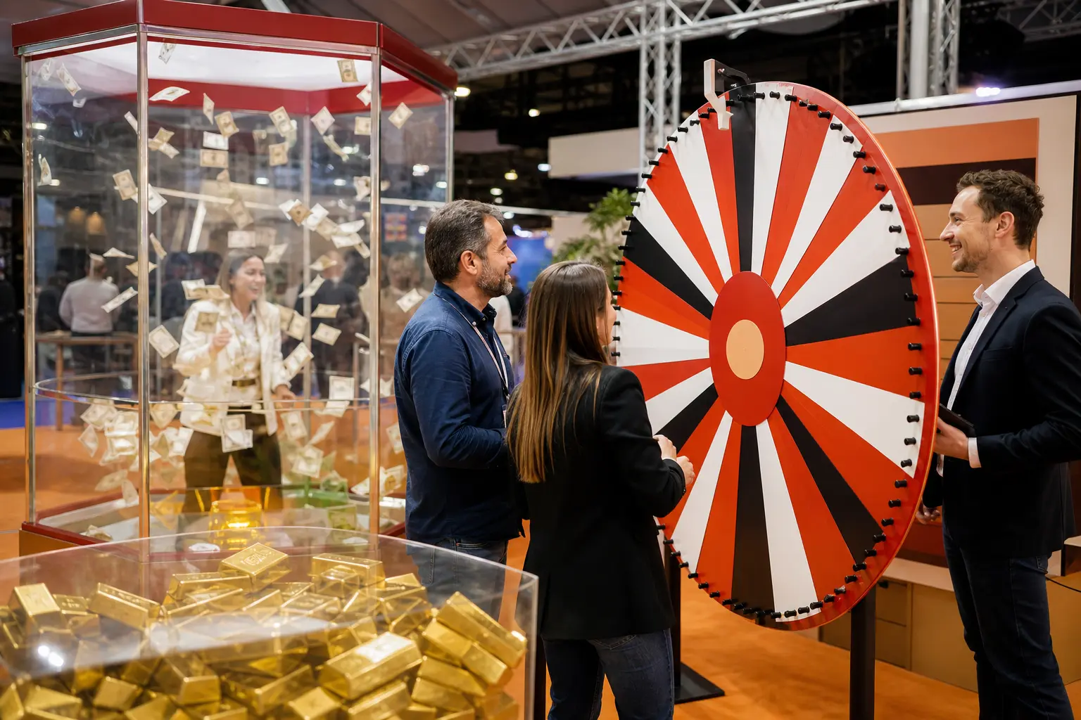 Des visiteurs testent une roue de la fortune sur un stand de salon professionnel, avec un jeu à gains en arrière-plan.