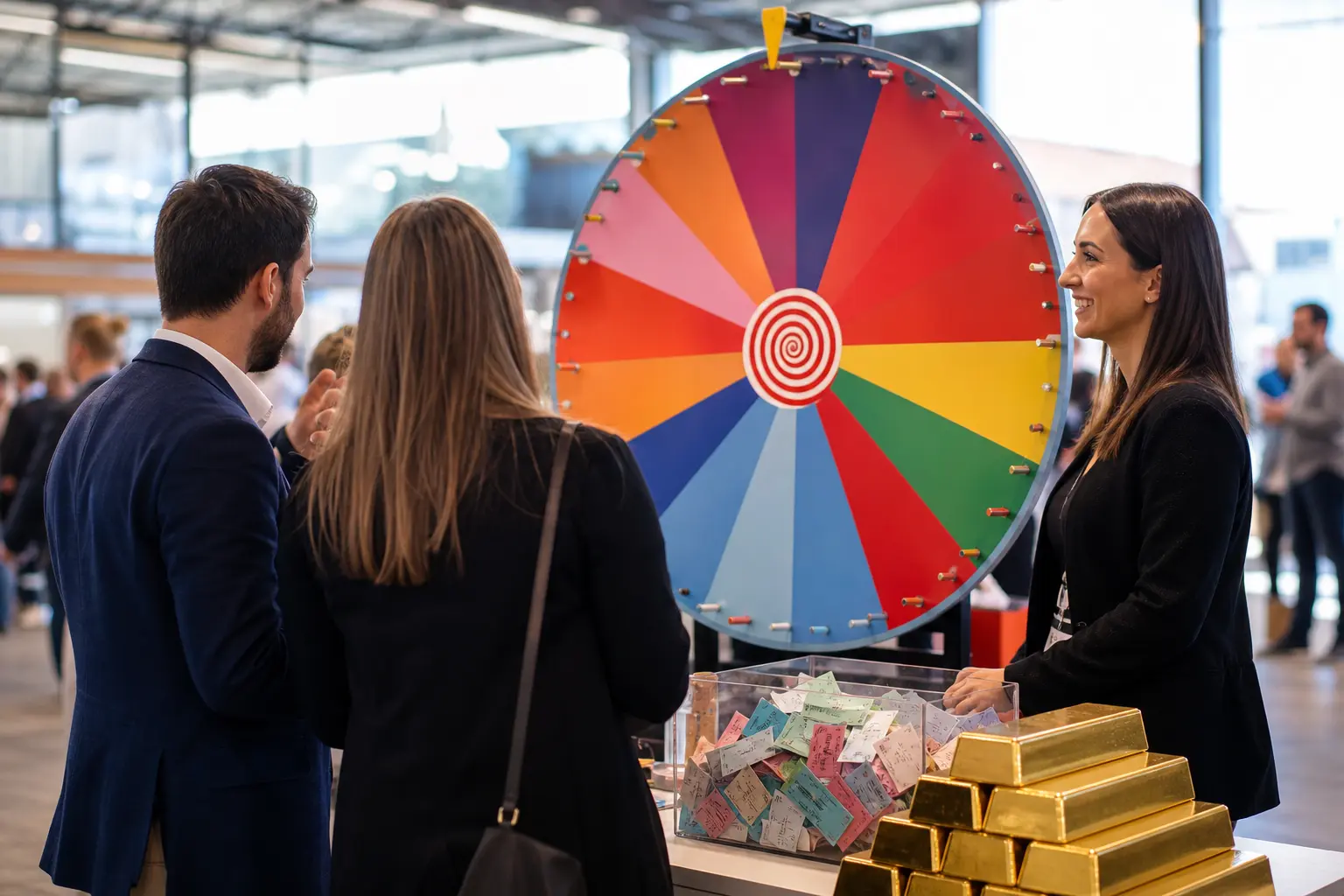 Des participants devant une roue de la fortune colorée sur un stand de jeu concours en point de vente