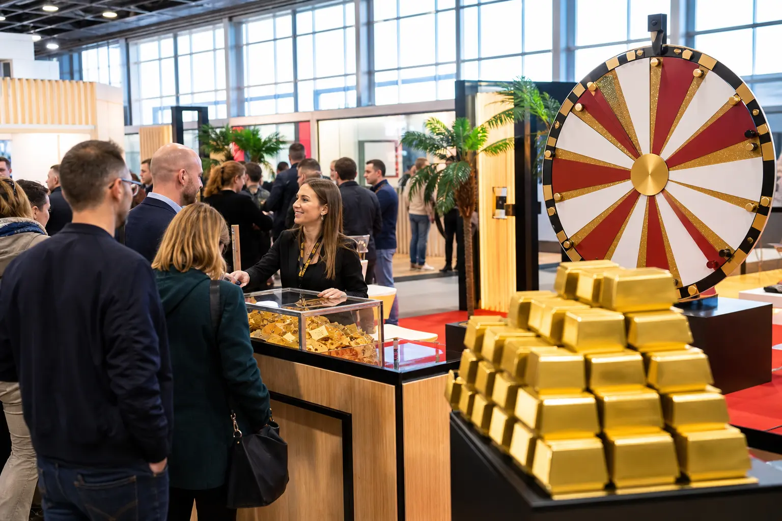 Stand de salon animé avec roue à gains, hôtesse et visiteurs devant des lingots dorés et une cabine à billets ouverte