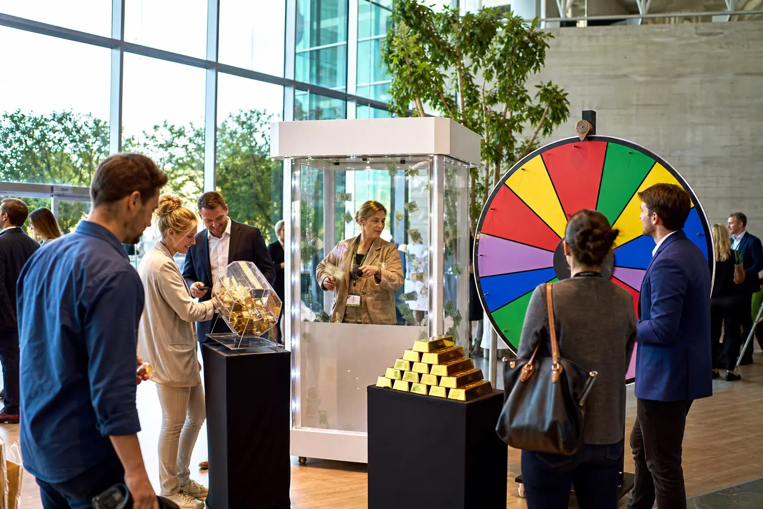Participants autour d’un jeu à roue colorée et d’une borne ludique lors d’un événement professionnel avec Location de jeux